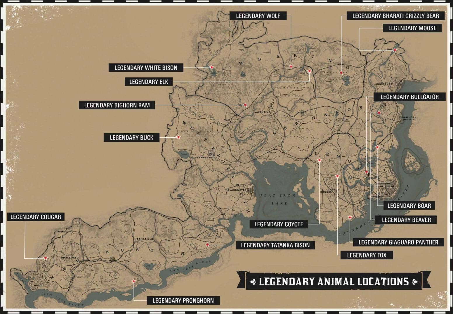 Carte des animaux légendaires de Red Dead Redemption 2