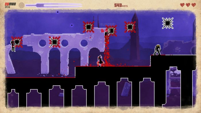 Une capture d'écran de They Bleed Pixels. Le personnage du joueur se tient sur une mince allée noire, entourée de taches de sang laissées par des ennemis morts.