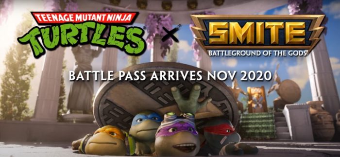 Une image promotionnelle pour les Teenage Mutant Ninja Turtles arrivant à Smite.
