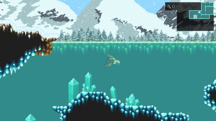 Une capture d'écran de Monster Sanctuary. Le personnage du joueur s'accroche à un monstre en forme de poisson. Les deux sont sous l'eau.