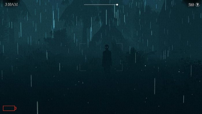 Une capture d'écran de l'Apparition montrant une silhouette sombre debout au loin. La pluie obscurcit les détails. Les yeux de la silhouette brillent.