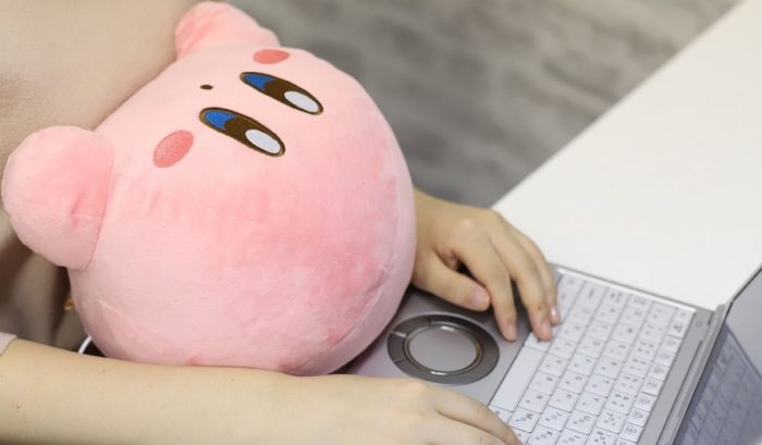 Warm Plushie Kirby étant câliné par quelqu'un assis à un ordinateur portable.