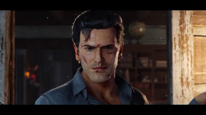 Capture d'écran de la bande-annonce de Evil Dead: The Game.  Il montre le visage d'Ash Williams.