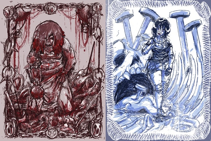Art des personnages de Dungeon Bitches pour l'Amazone et la poupée cadavre