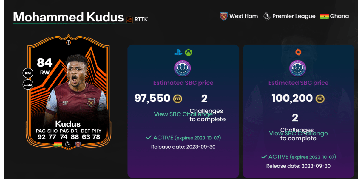 La carte RTTK de Mohammed Kudus dans EA FC 24, indiquant son prix et ses statistiques.