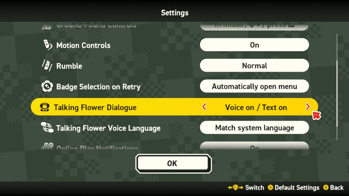 Une image montrant le menu permettant de désactiver le dialogue des fleurs parlantes dans Super Mario Bros. Wonder dans le cadre d'un guide expliquant comment procéder.