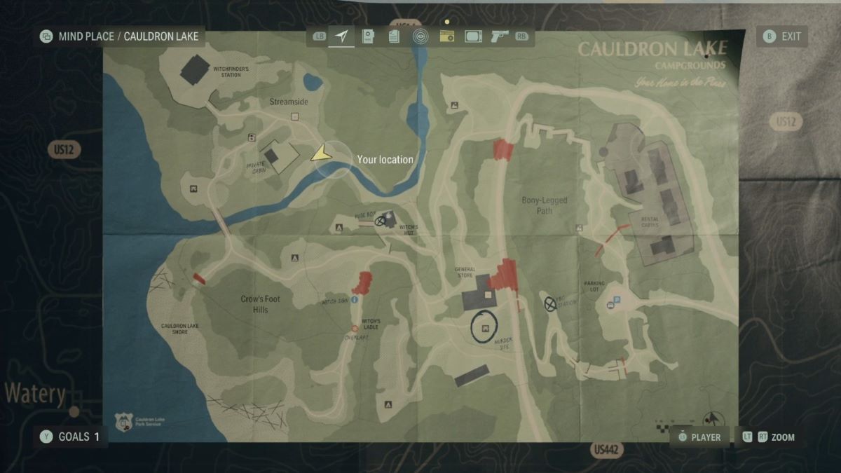 La carte de l'emplacement du puzzle Rock Rock Tree dans Alan Wake 2.