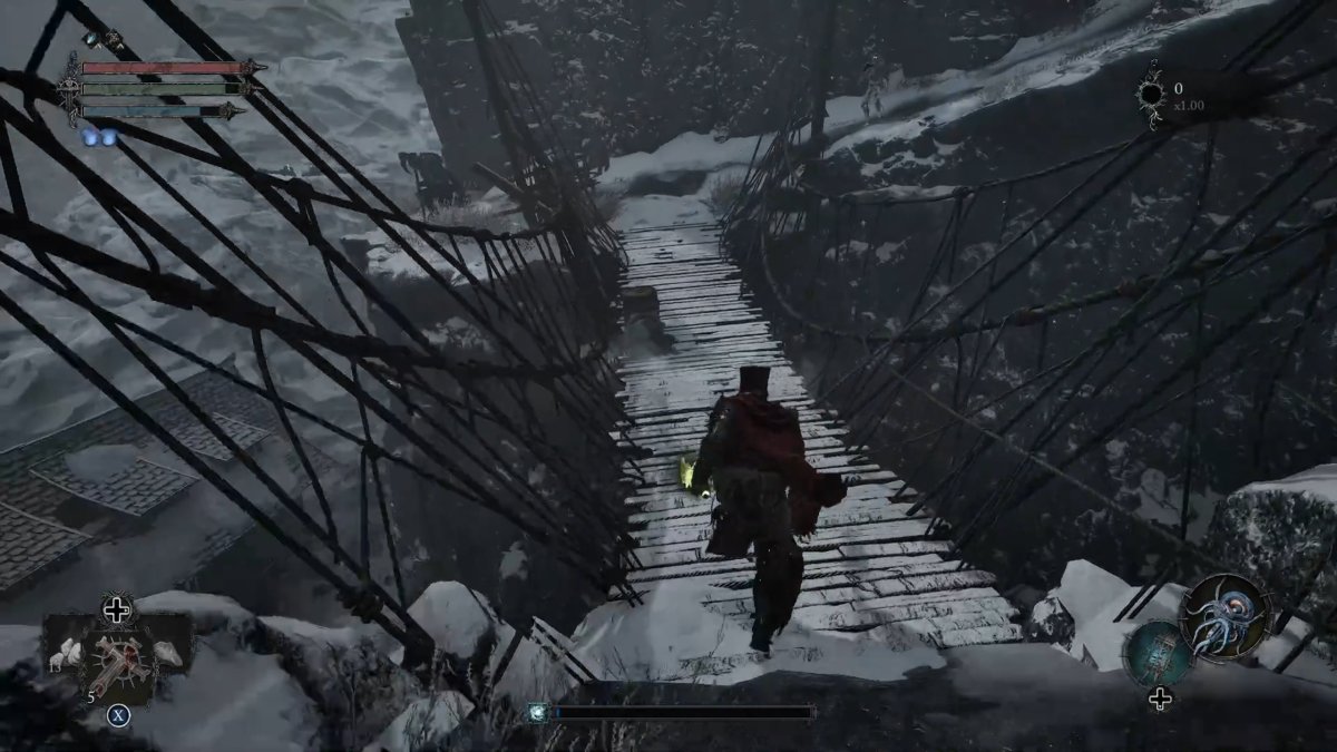 Image de Lords of the Fallen montrant le personnage du joueur traversant un pont dans le Fief of the Chill Curse.