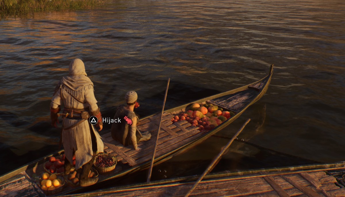 Une image d'Assassin's Creed Mirage (AC Mirage) montrant le vol d'un bateau dans le cadre d'un article expliquant comment voler des bateaux et les utiliser dans le jeu.