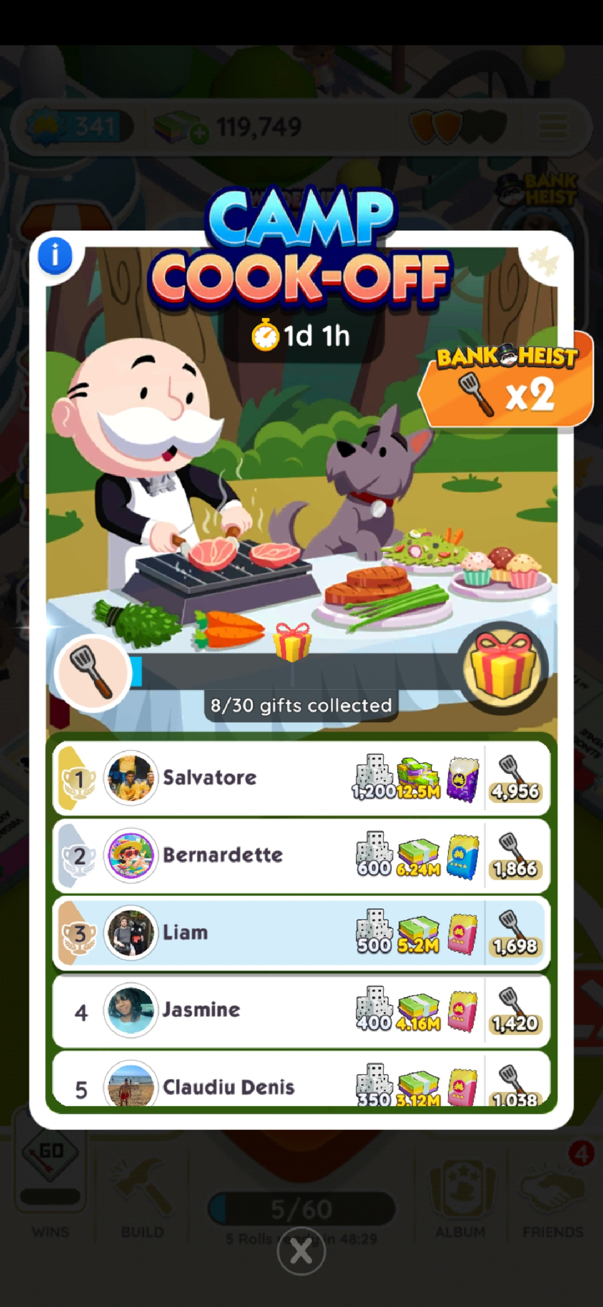 Capture d'écran montrant l'écran Camp Cook-Off pour Monopoly GO dans le cadre d'un article sur les récompenses de l'événement et comment les obtenir.