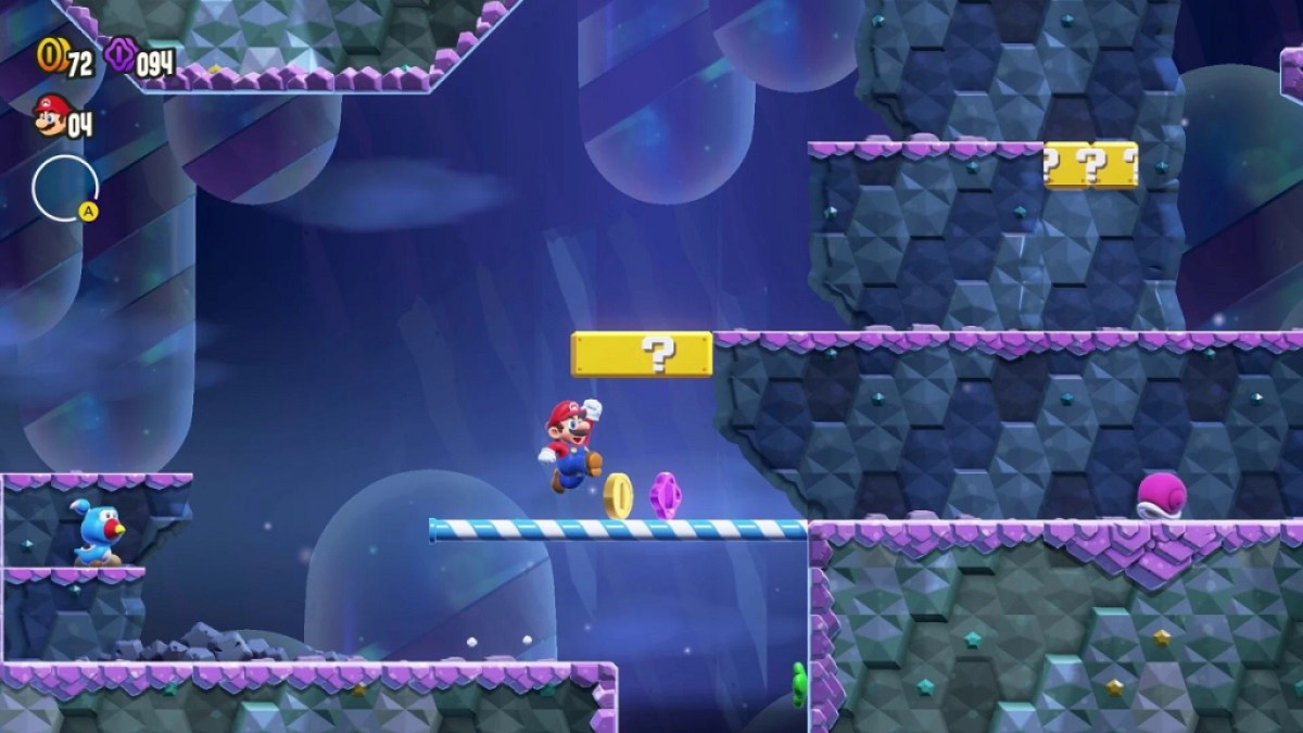 Image de Mario dans un monde sombre collectant des pièces violettes dans Super Mario Bros. Wonder.