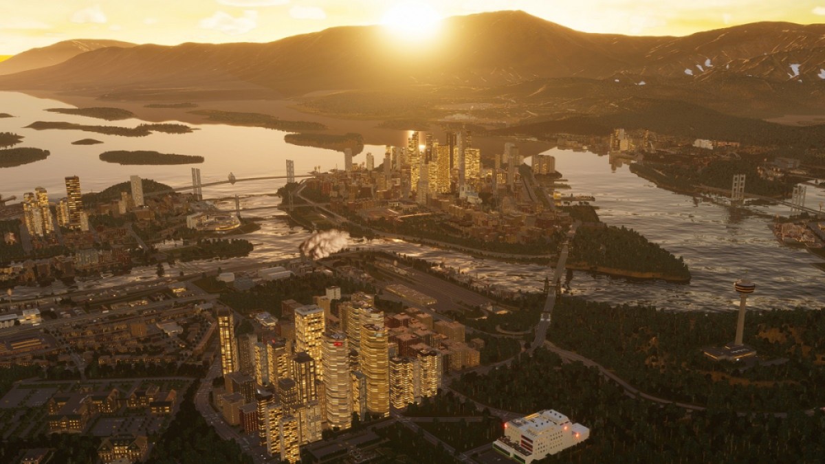 Image d'une ville virtuelle au coucher du soleil dans Cities: Skylines 2 avec support de mod.