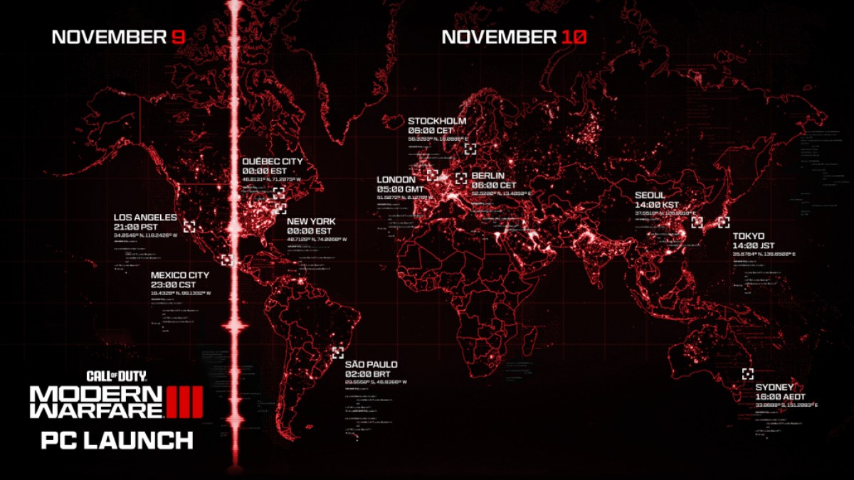 Une carte indiquant la date et les heures de sortie de Call of Duty : Modern Warfare 3 (CoD : MW3)