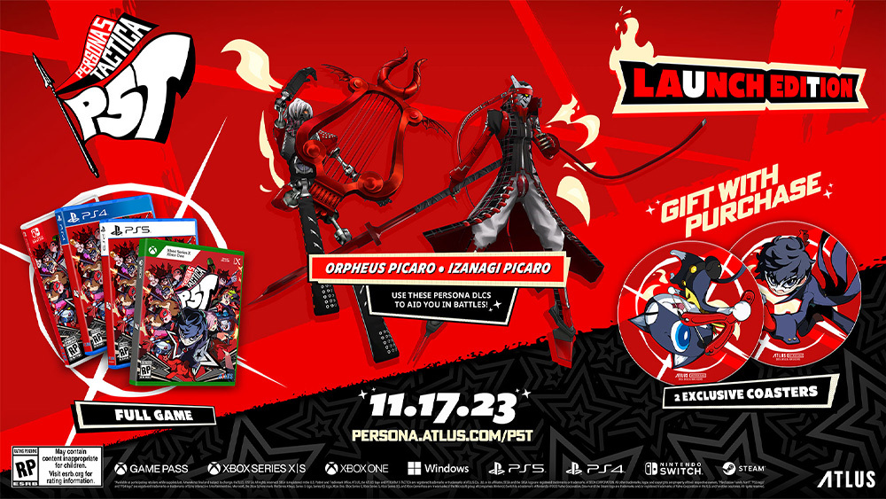 Une image montrant tous les bonus de précommande pour Persona 5 Tactica dans le cadre d'un article sur ce sujet.