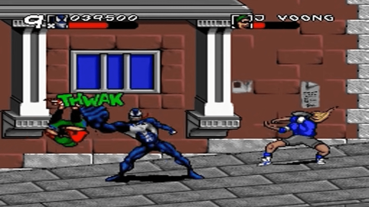 Venom frappe les gens dans Spider-Man & Venom: Maximum Carnage dans le cadre de tous les principaux jeux Spider-Man classés.
