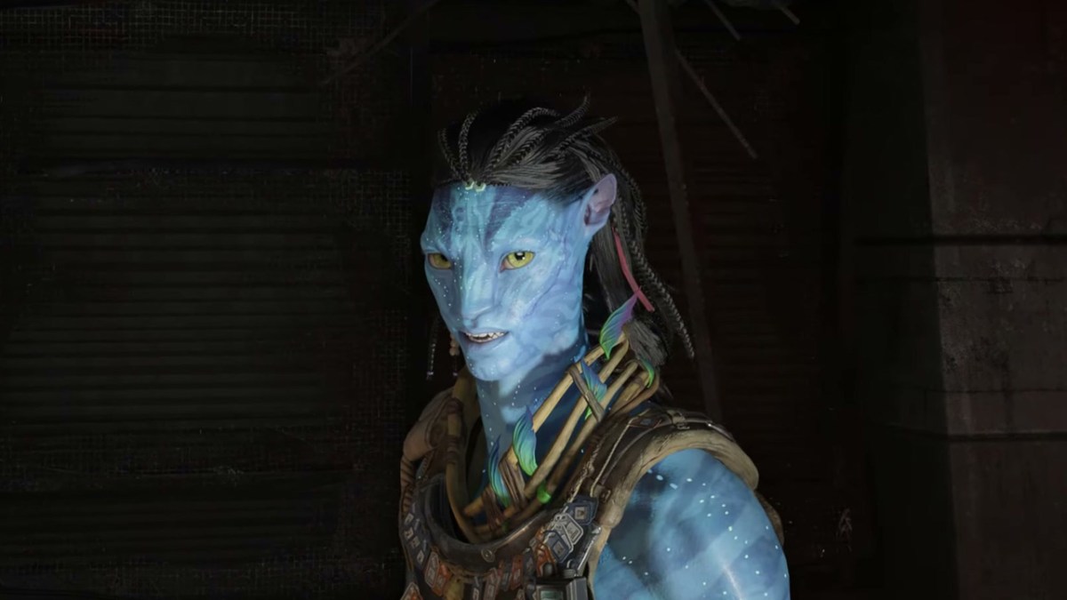 Un Na'vi bleu, avec des tresses et des cravates tissées à partir de vignes dans Avatar : Frontiers of Pandora.