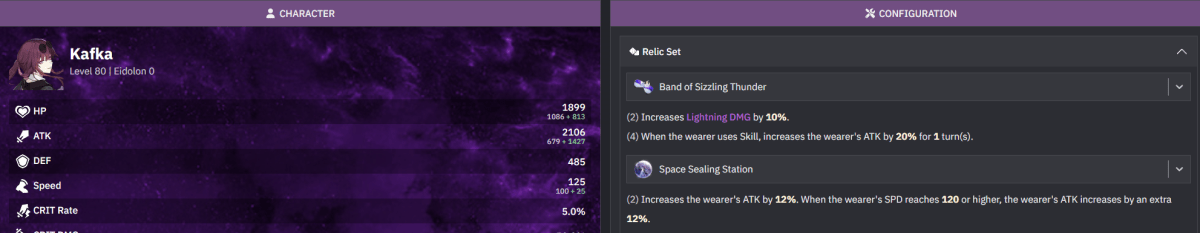 Une image de Honkai Star Rail montrant une Kafka de niveau 80 et toutes ses statistiques dans le cadre d'un guide des meilleures constructions pour elle.  Celui-ci se concentre spécifiquement sur ses ensembles de reliques.