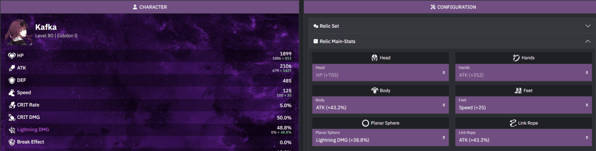 Une image de Honkai Star Rail montrant une Kafka de niveau 80 et toutes ses statistiques dans le cadre d'un guide des meilleures constructions pour elle.  Celui-ci se concentre spécifiquement sur ses statistiques de reliques.