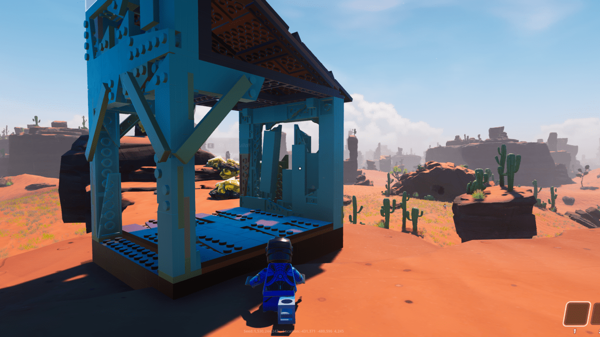 Un abri dans le biome Dry Valley dans LEGO Fortnite.  Cette image fait partie d'un article sur la façon de prévenir les dommages causés par la chaleur dans LEGO Fortnite.