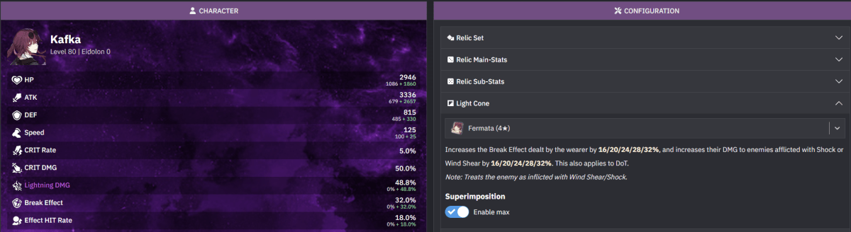 Une image de Honkai Star Rail montrant une Kafka de niveau 80 et toutes ses statistiques dans le cadre d'un guide des meilleures constructions pour elle.  Celui-ci se concentre spécifiquement sur ses cônes lumineux.