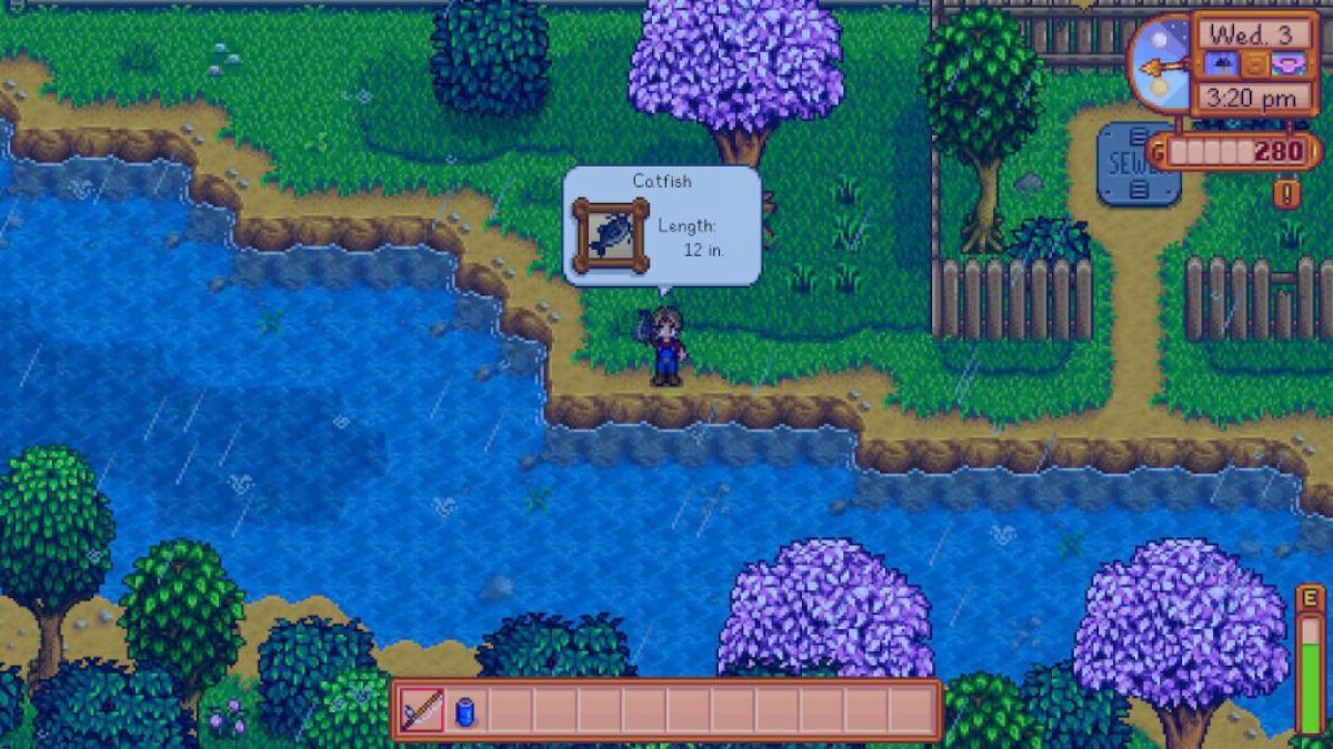 Le joueur attrape du poisson-chat dans une rivière de Stardew Valley.