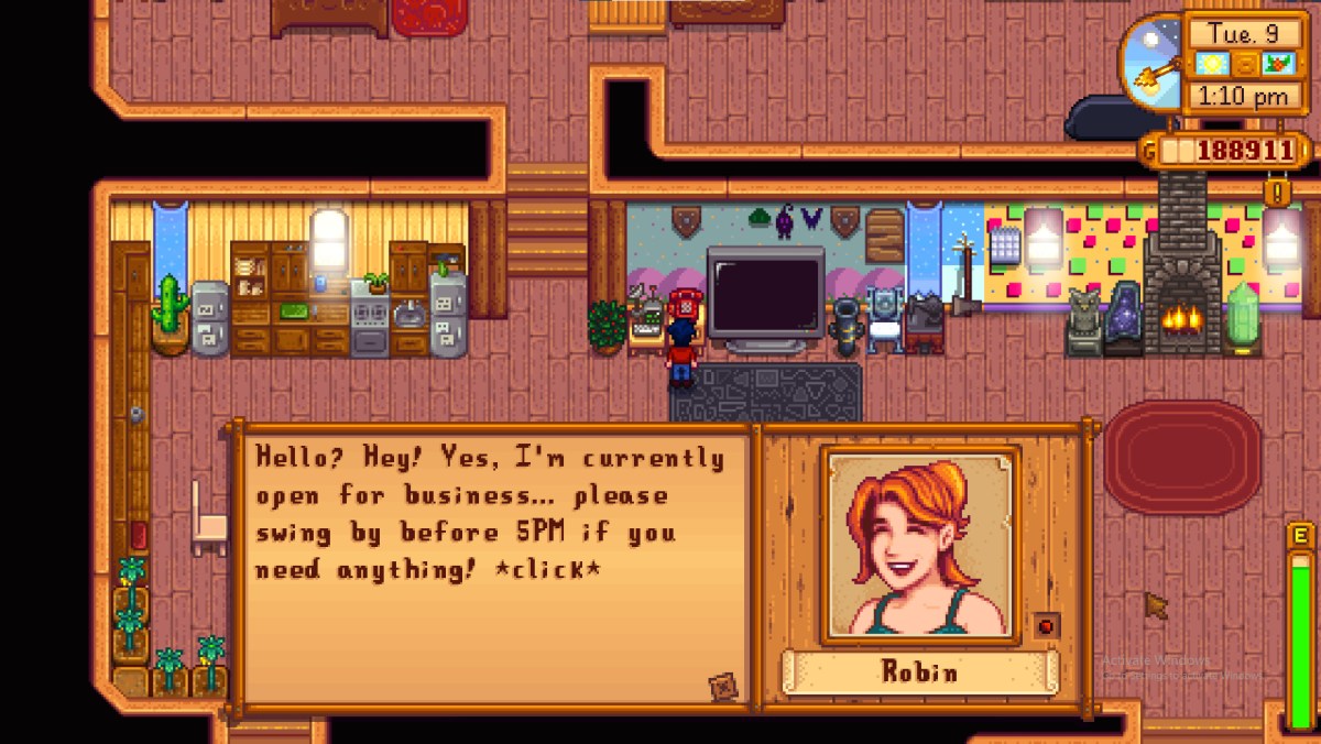 Robin riant dans Stardew Valley.