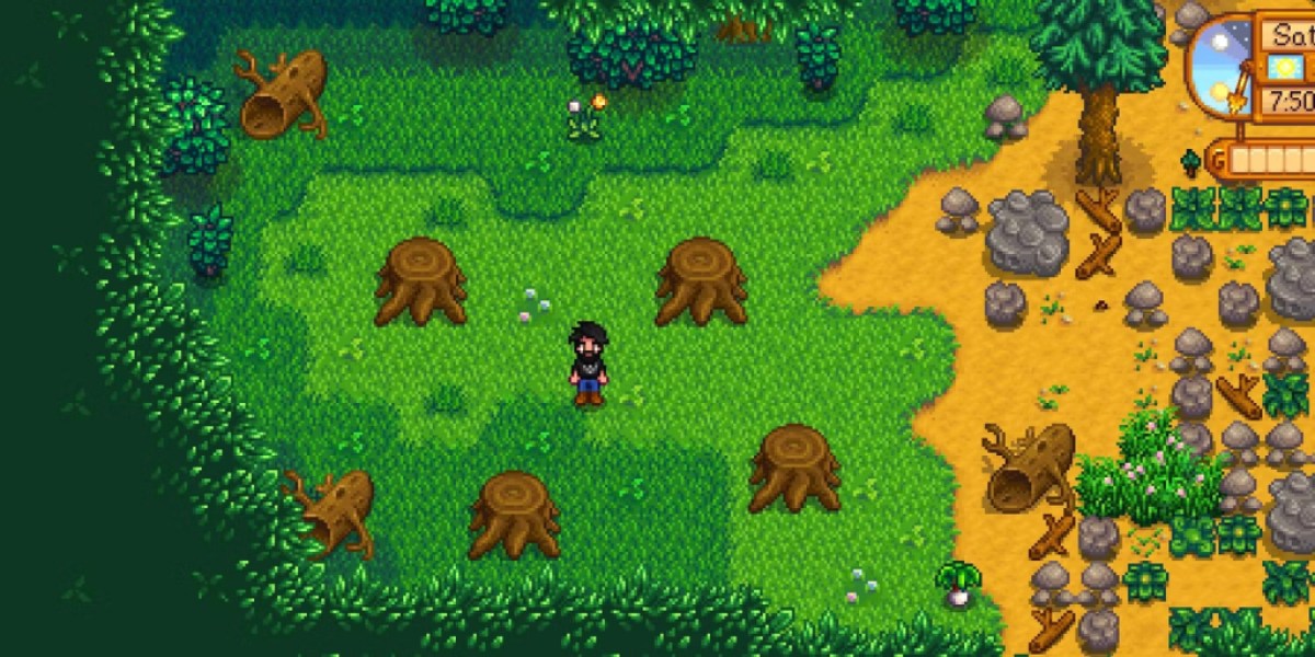 Le joueur se tient parmi les souches.  Cette image fait partie d'un article sur toutes les dates de concert de Stardew Valley : Festival of Seasons.