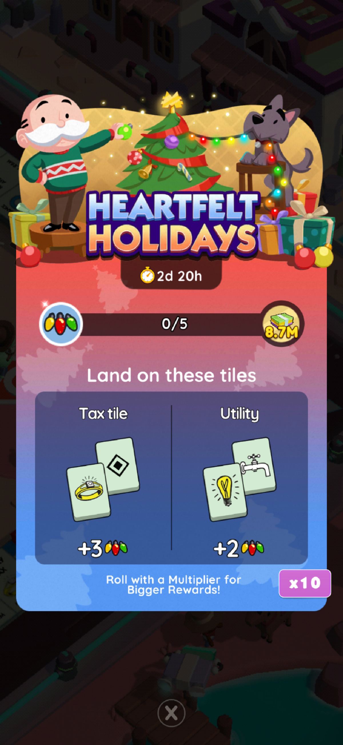 Une image de la taille d'un en-tête pour l'événement Heartfelt Holidays dans Monopoly GO.  L'image montre Rich Uncle Pennybags et un chien décorant un sapin de Noël avec des lumières.  L'article dont cette image fait partie passe en revue toutes les récompenses, étapes et prix que vous pouvez obtenir pour l'événement Heartfelt Holidays dans Monopoly GO.