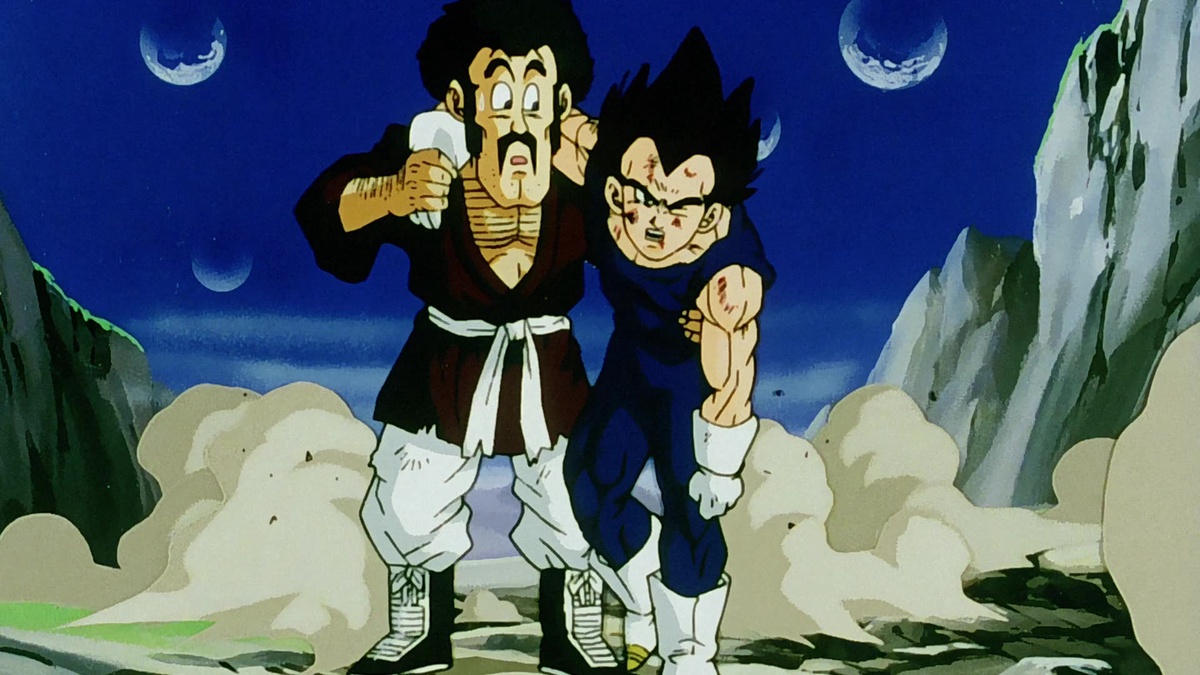 Hercule aide Vegeta à se relever dans Dragon Ball Z.