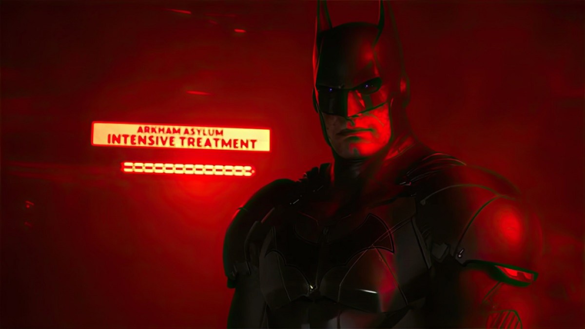 Image de Batman aux yeux violets, debout dans une pièce éclairée par un néon rouge.  Cette image fait partie d'un article sur la mort de Batman dans les jeux Arkham.