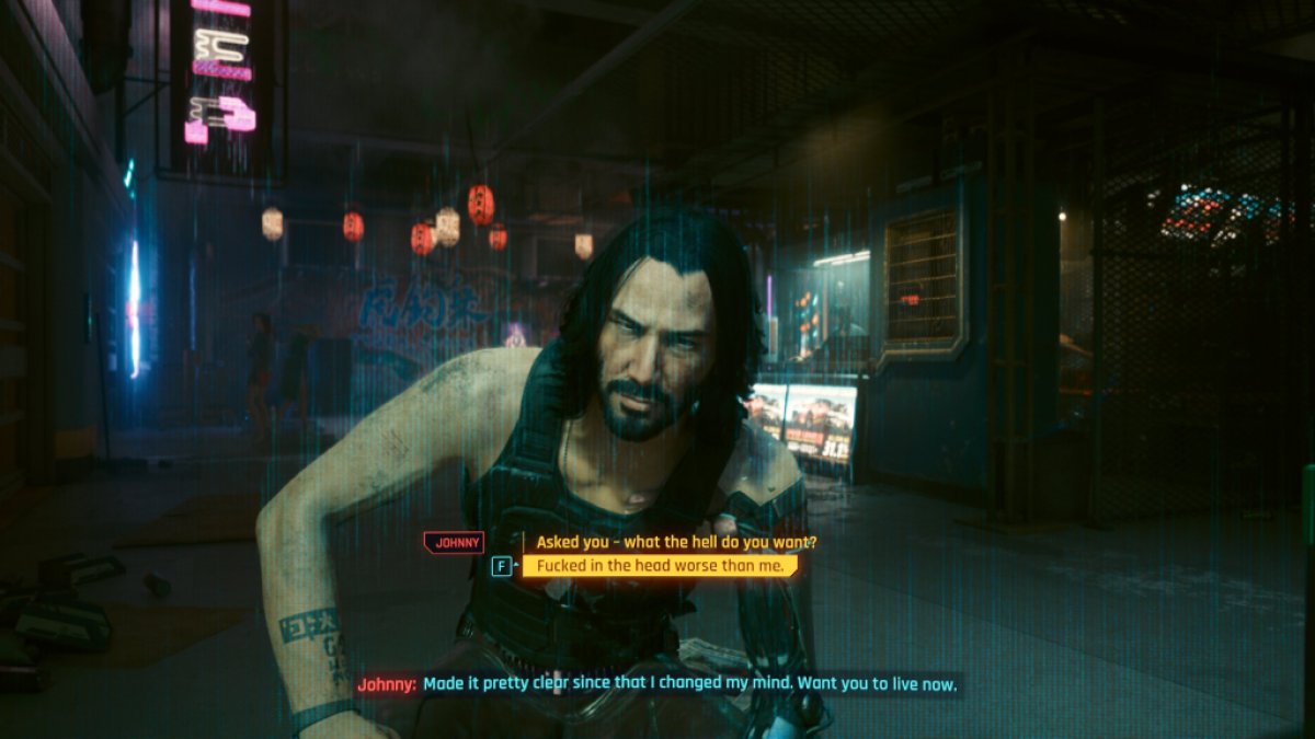 Option Screem Glitch dans Cyberpunk 2077. Cette image fait partie d'un article sur la façon d'atteindre une relation à 100 % avec Johnny dans Cyberpunk 2077.