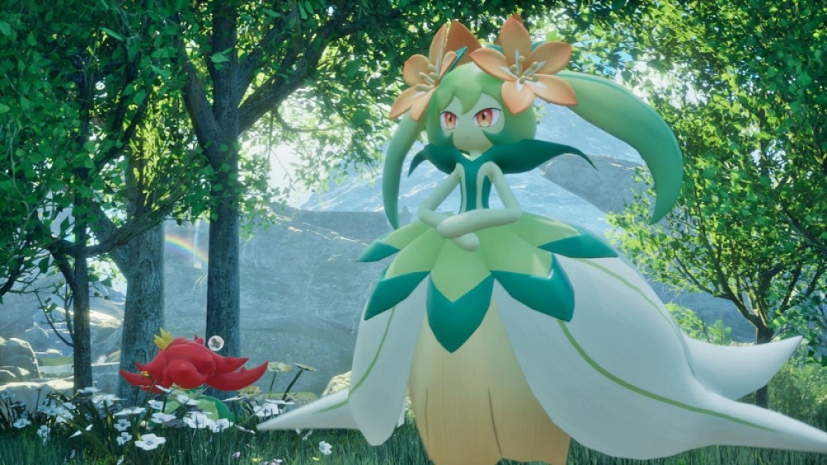 Image d'une créature verte et fleurie ressemblant à un Pokémon se tenant dans une forêt de Palworld.
