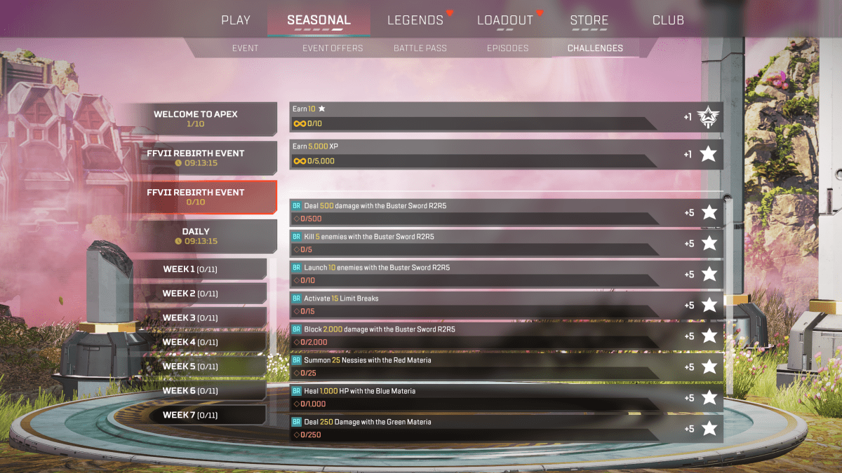 Onglet Défis de l'événement Final Fantasy VII Rebirth dans Apex Legends