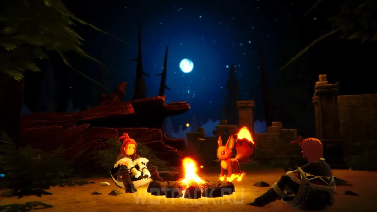 Un groupe de joueurs assis autour d’un feu de camp à Palworld.  Cette image fait partie d'un article sur comment et où attraper Digtoise et un autre sur comment obtenir et préparer un gâteau dans Palworld.