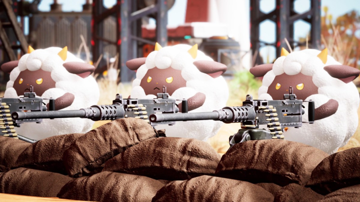 Trois créatures ressemblant à des moutons dans un nid de mitrailleuse, chacune avec une arme à feu.