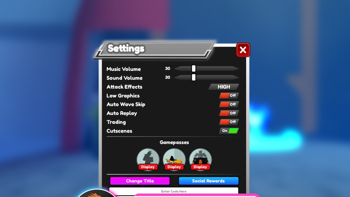Une image de All Star Tower Defense dans Roblox montrant le menu des paramètres dans le cadre d'un article sur tous les codes du jeu.