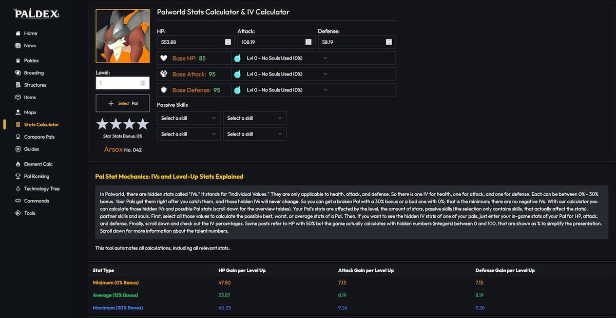 Paldex Palworld Calculatrice IVS