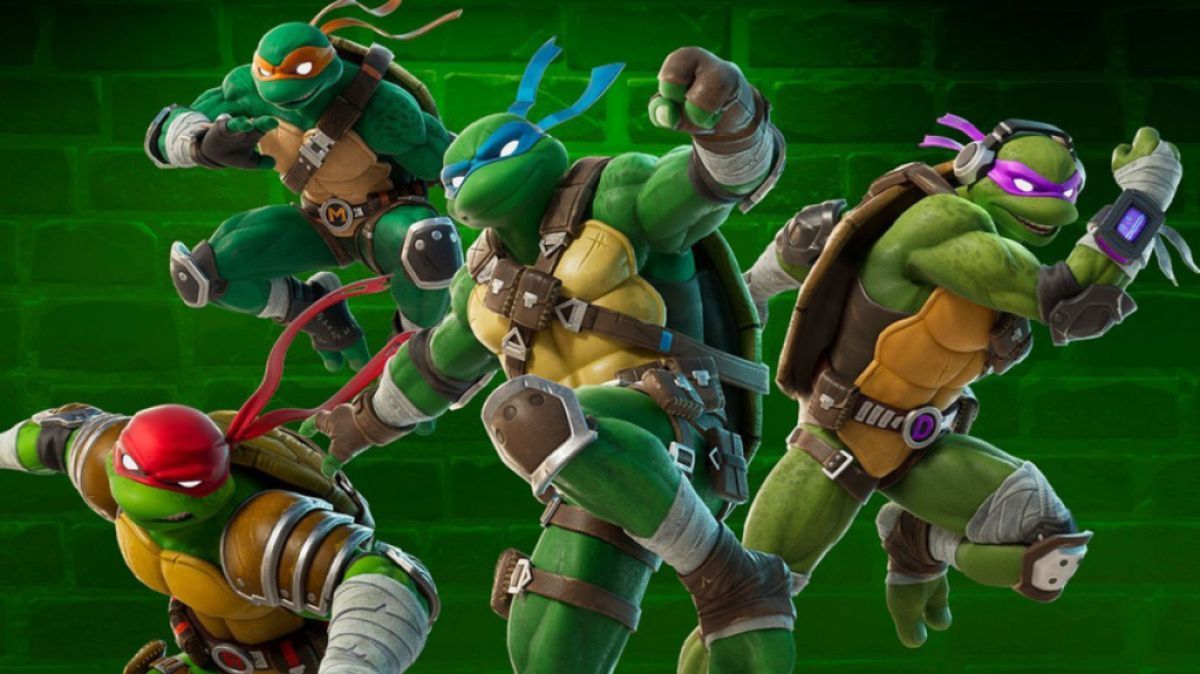 Les Tortues Ninja Teenage Mutant dans Fortnite.  Cette image fait partie d'un article sur la façon de débloquer le skin TMNT Super Shredder dans Fortnite.