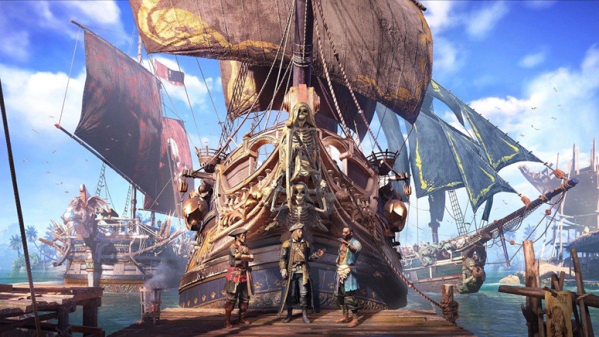 Image de navires pirates amarrés à un quai avec trois pirates debout sur les quais dans l'œuvre d'art Skull and Bones.  Cette image fait partie d'un article expliquant où et comment obtenir un pied-de-biche dans Skull & Bones.