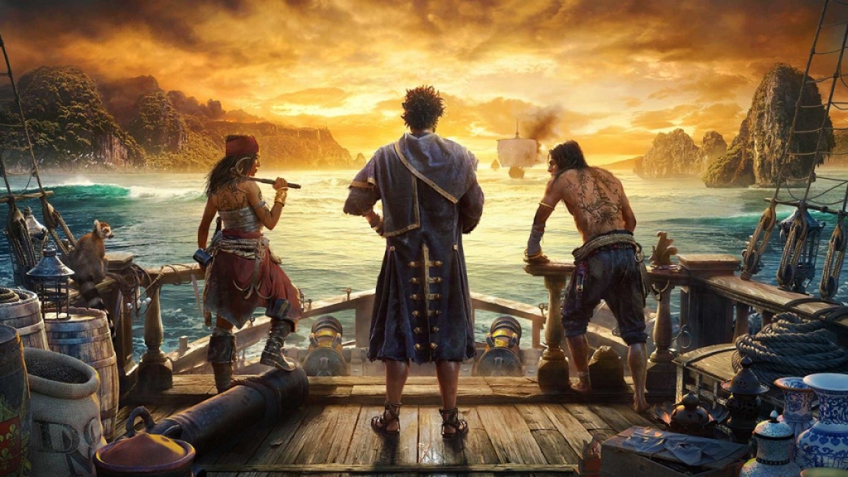 Image de pirates debout sur le pont d’un navire regardant un coucher de soleil dans l’œuvre d’art Skull & Bones.  Cette image fait partie d'un article sur la façon d'obtenir les plans du navire Bombardier Padewakang dans Skull and Bones.