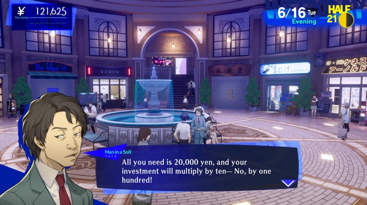 donner de l'argent à l'homme en costume dans Persona 3 Reload