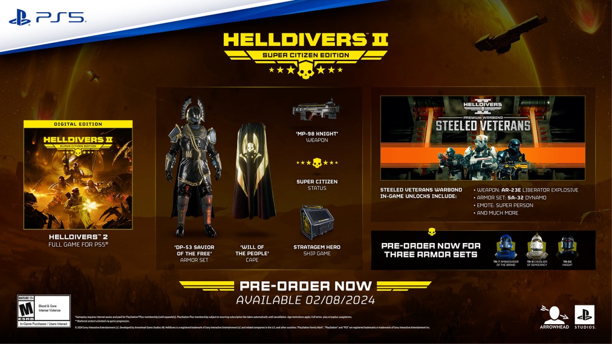 Une image montrant le contenu de l'édition numérique Helldivers 2 Super Citizen.  Cette image fait partie d'un article sur tous les bonus et éditions de précommande de Helldivers 2. 