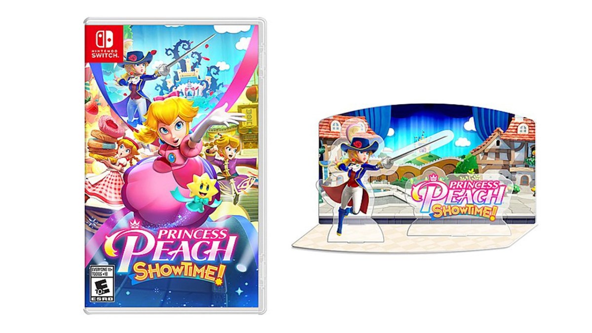 Une copie de Princess Peach : Showtime, avec un support en acrylique à côté. 