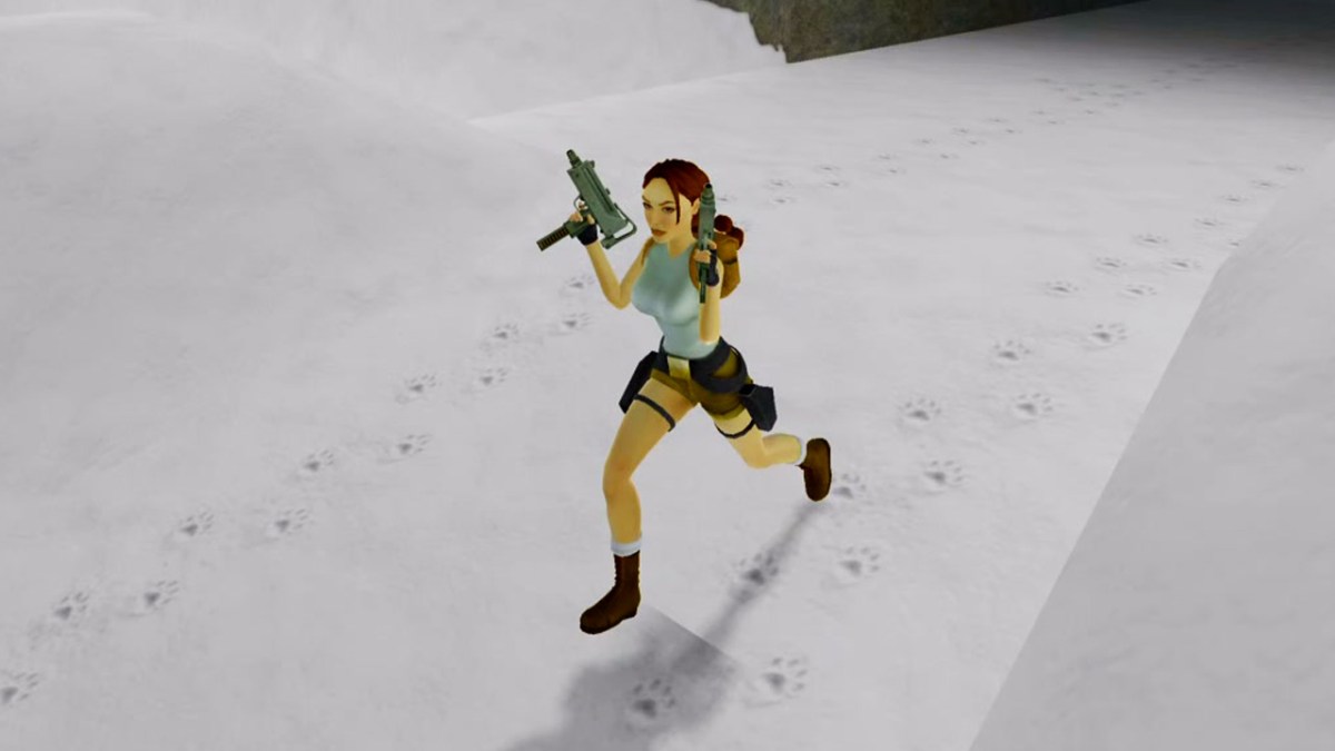 Lara Croft dans Tomb Raider I-III Remastered, avec une paire de pistolets Uzi. 